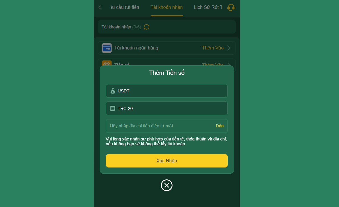 Dán địa chỉ ví USDT TRC20 vào ô trống nếu rút tiền EV88 bằng tiền số