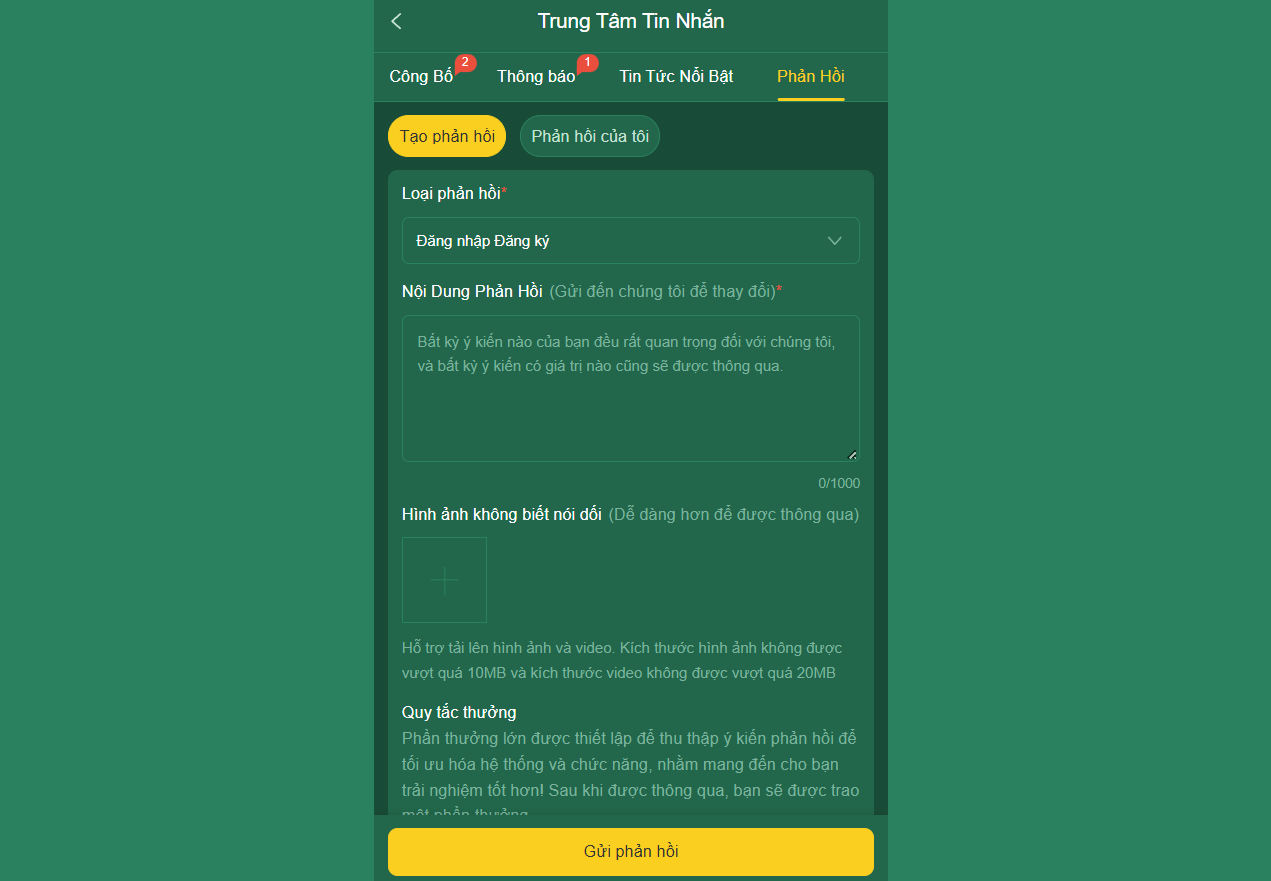 Điền nội dung yêu cầu đổi mật khẩu trong form phản hồi loại đăng nhập đăng ký
